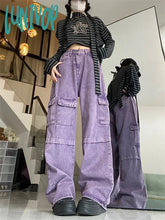 Lunivop Women’s Multi Pocket Design Wide Leg Purple Jeans Vintage American Style Casual Pants